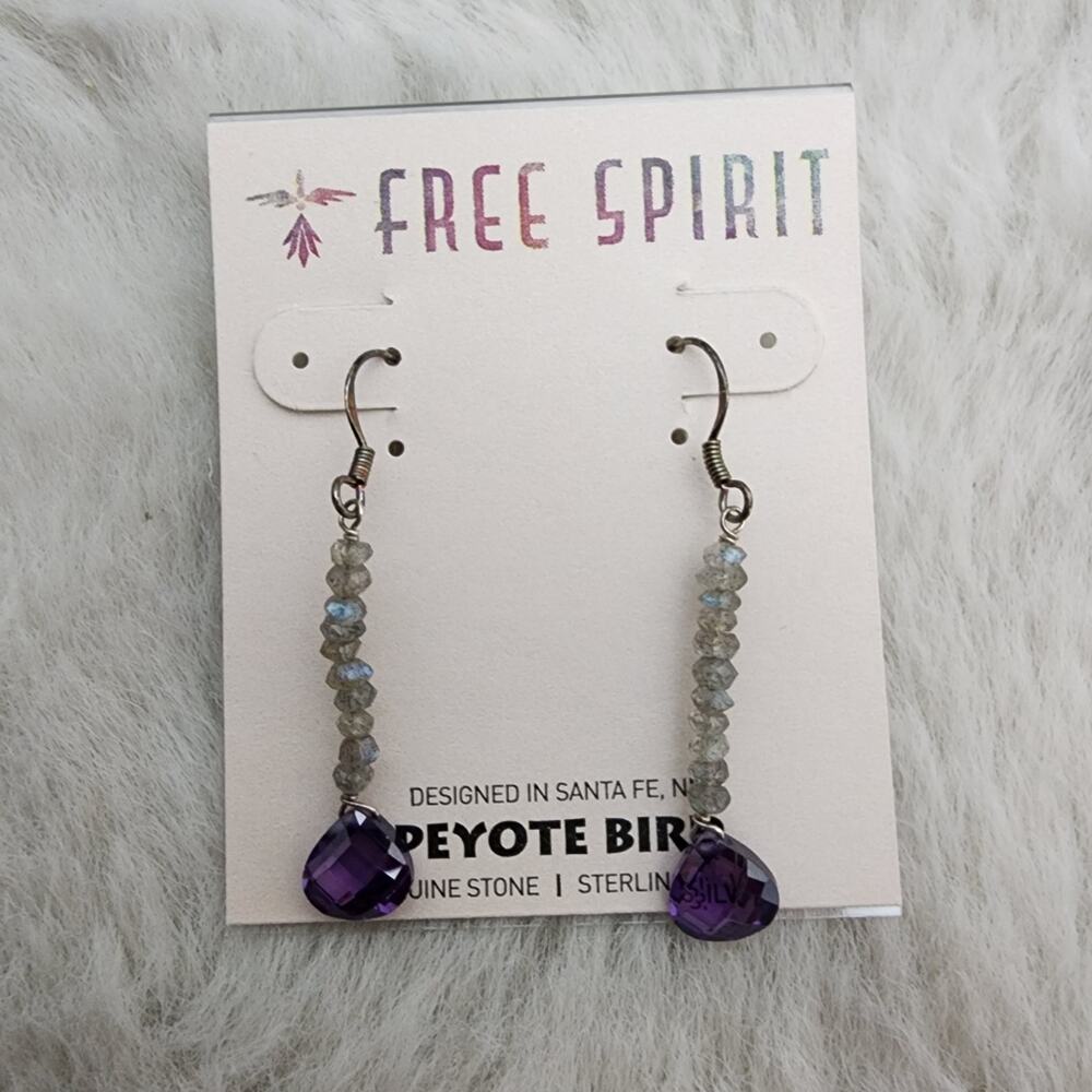 Peyote Bird .925 Sterling Silver Purple Amethyst Labradorite Dangle Earrings NWT